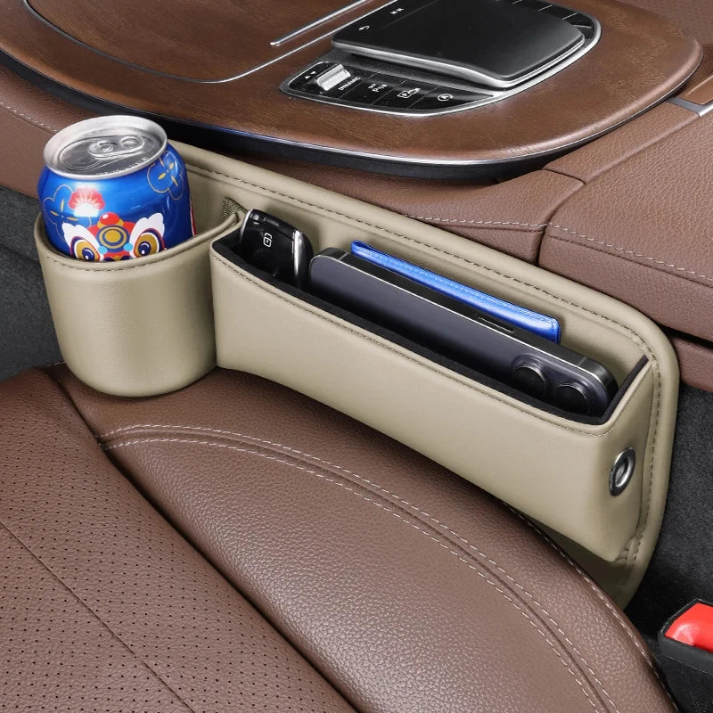 Car organizer with cup holder and compartments on a car seat
