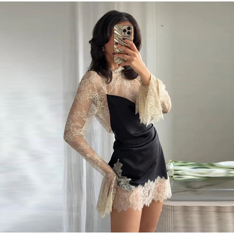 Lace Trim Satin Mini Dress — High Neck Color Block Y2K Party Clubwear