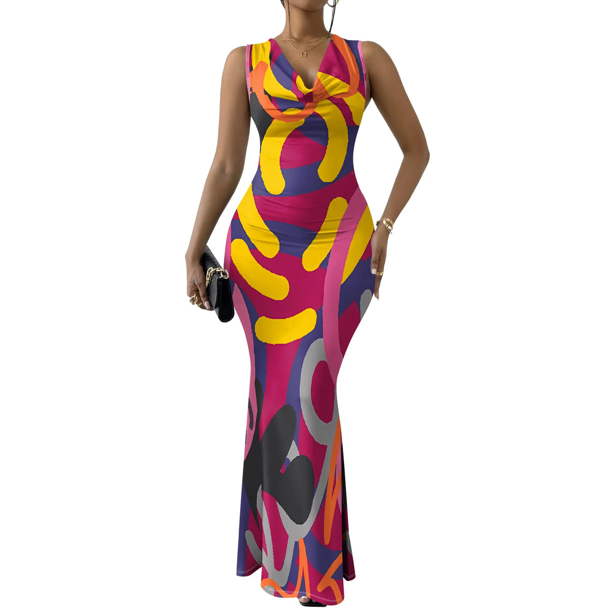 Colorful Geometric Off-Shoulder Maxi Dress — Artistic Party Evening Resortwear Dress