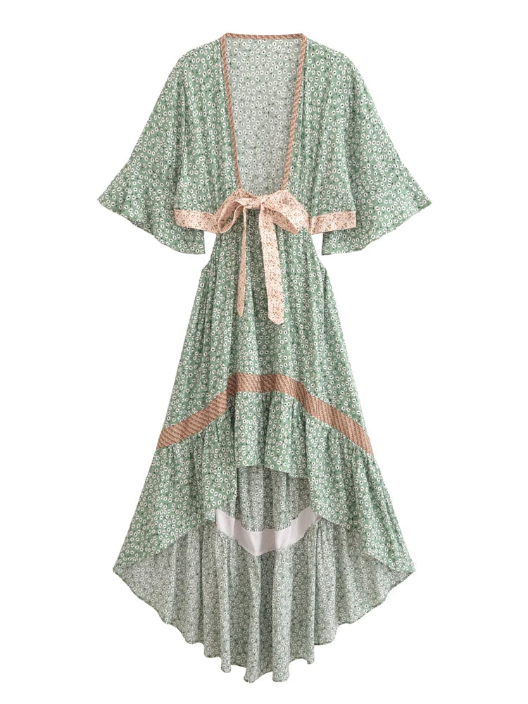 Bohemian Hollow Out Beach Dress — Short Sleeve High-Low Boho Maxi Dress