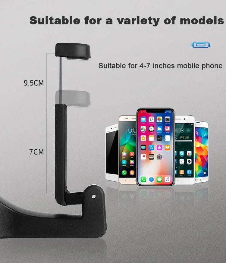 Phone holder with dimensions and compatibility for 4-7 inch phones on a gray background