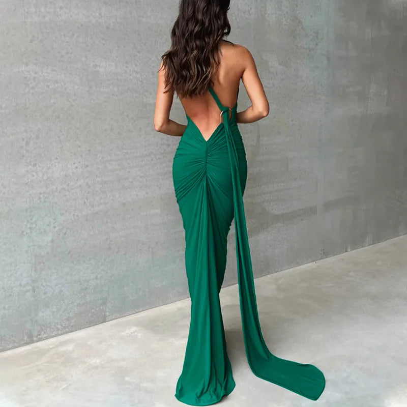 Backless Ruched Slim Bodycon Maxi Dress — Elegant Formal Wedding Guest Evening Dress