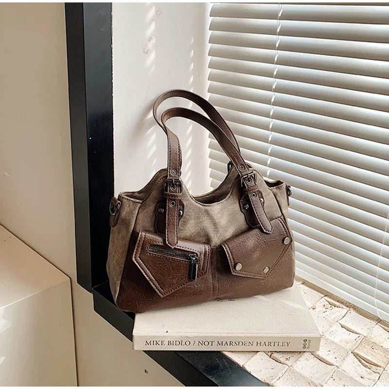 Retro Color-Block Satchel Shoulder Bag – European Style PU Leather Tote Handbag for Women