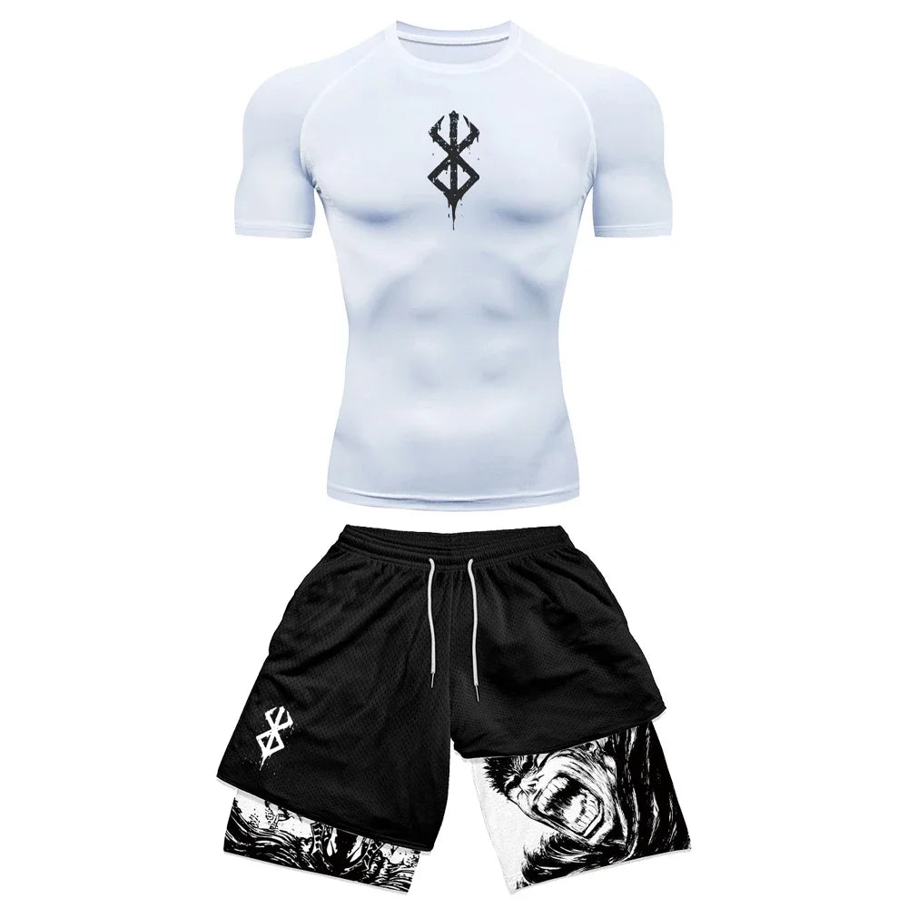 Men's Anime 3D Print Compression Gym Top & Workout Shorts – Quick Dry Athletic Rash Guard Set