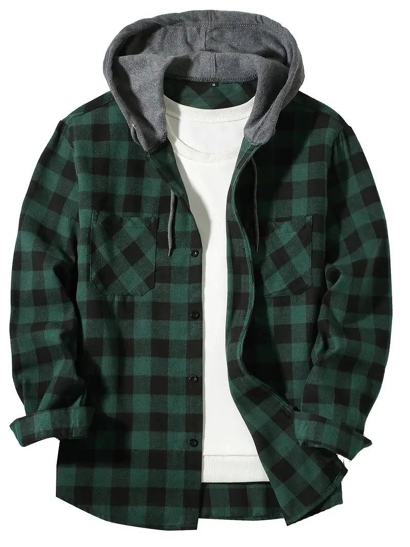 Men's Hooded Plaid Shirt Jacket – Casual Long-Sleeve Layer