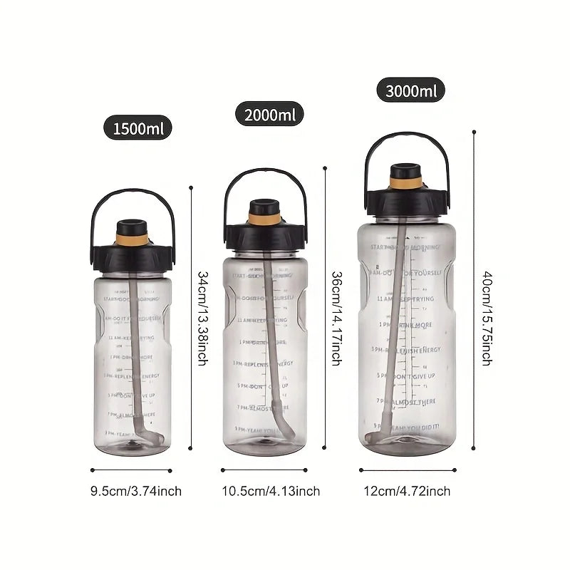 LUSQI 1.5L/2L/3L Large Capacity Motivational Water Bottle with Straw, Time Stamp & Carry Rope – BPA-Free, Leakproof