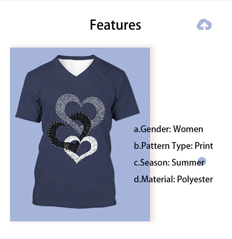 Women's 3D Flower Print V-Neck T-Shirt – Kawaii Oversized Summer Top & Blouse