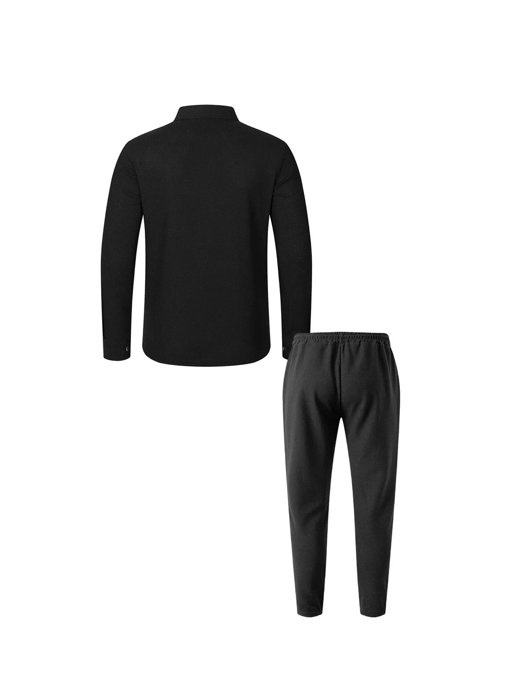 Men's Waffle Knit Button-Down Long Sleeve Jacket & Pants Set – Plain Color Casual Suit
