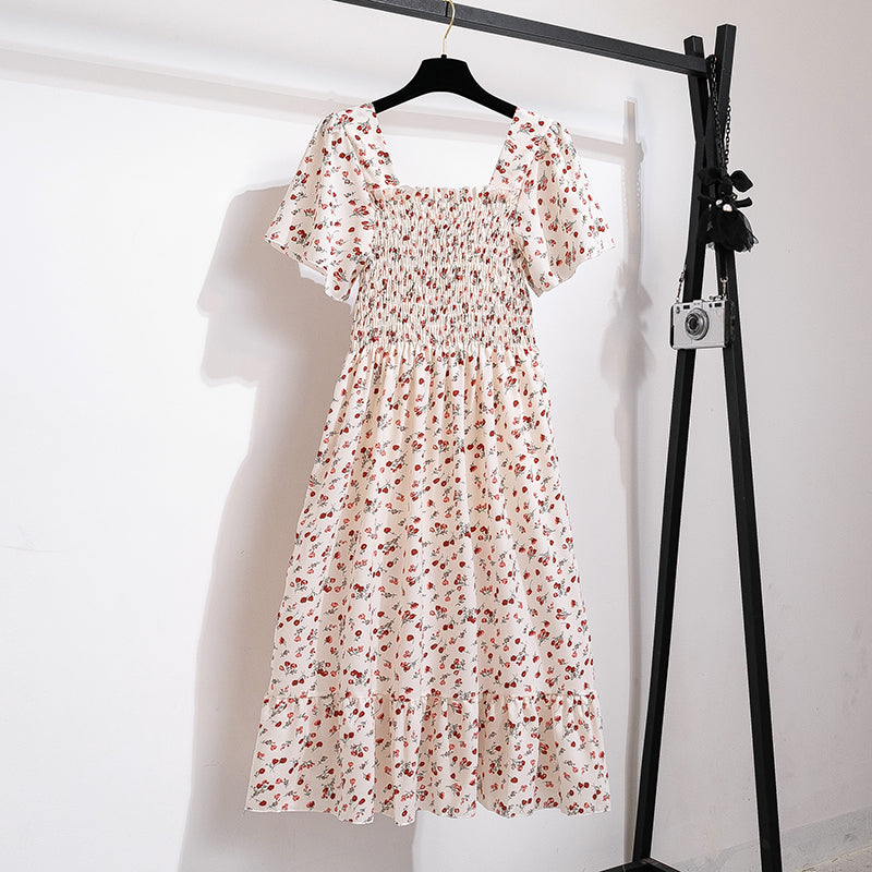 Women's Chiffon Floral Pleated Midi Dress – Short Sleeve Elastic Waist Backless Casual Dress