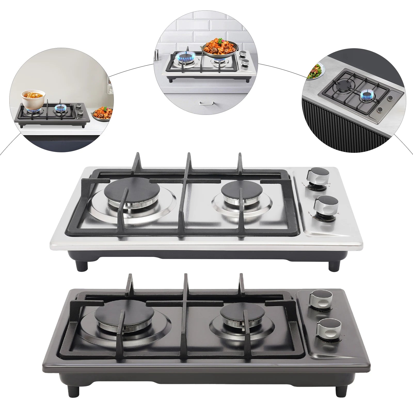 2-Burner Stainless Steel Gas Hob – 3KW + 1.75KW, Portable Countertop or Flush Mounted, 51x31x10cm