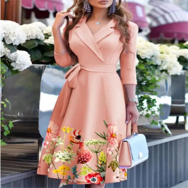 Women's Floral Printed Dress Turn-down Collar Ladies Fashion Elegant  Midi Dresses Vestidos Femenino Платье Женское Вечернее
