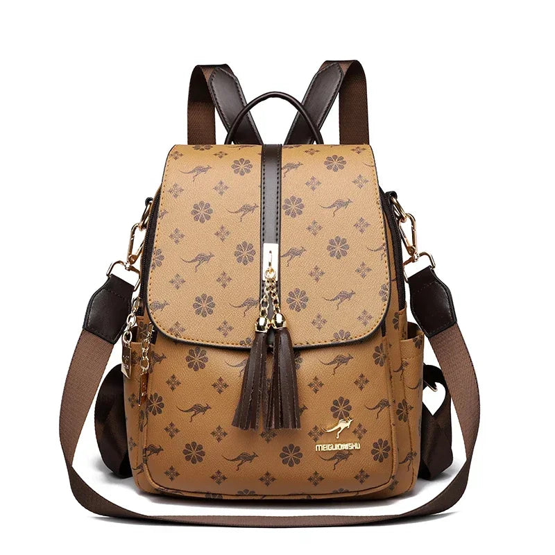 Women's Luxury Leather Backpack – Vintage Print Tassel Fashion Bag