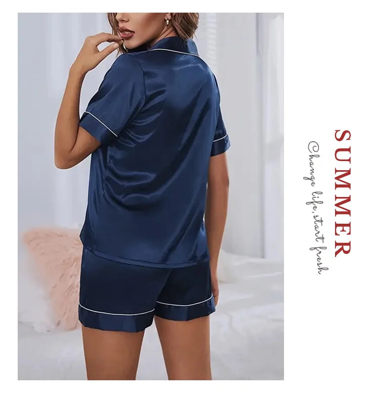 Women's Satin Button Down Pajama Set | 2-Piece Silk Sleepwear Top & Shorts