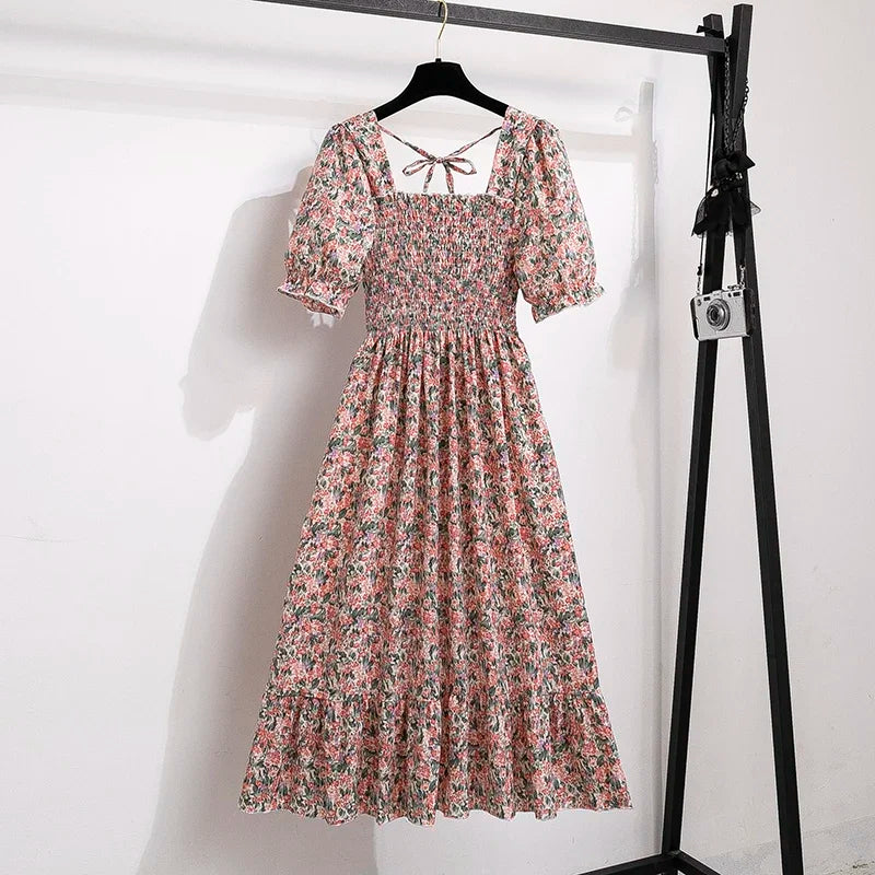 Chiffon A-Line Midi Dress — Elastic Waist Short Sleeve Casual Dress