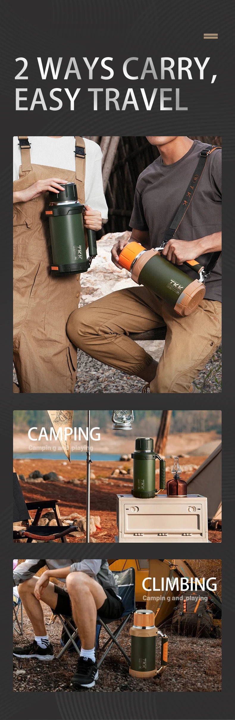 TKK 2000ml 316 SS Vacuum Thermos Flask with Rope – BPA-Free, Hot & Cold, Ergonomic Spout, 68oz Large Capacity