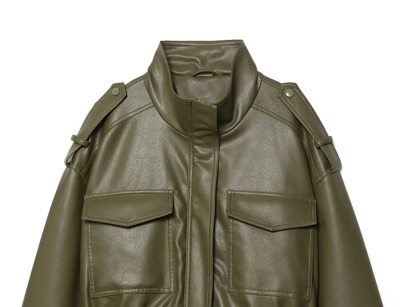 Women's Faux Leather Cropped Bomber Jacket – Zip-Up Moto Biker Coat