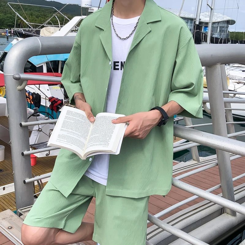 Men's Oversized Summer Jacket & Shorts Set – Korean Style 2-Piece Suit