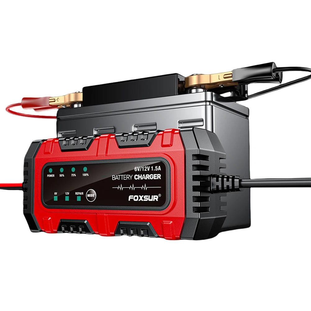 6V/12V 1.5A Smart Car & Motorcycle Battery Charger – Lead-Acid AGM GEL Charging Unit