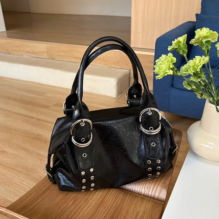 Women's Rivet PU Leather Motorcycle Shoulder Bag – Hot Girl Underarm Handbag in Black & White