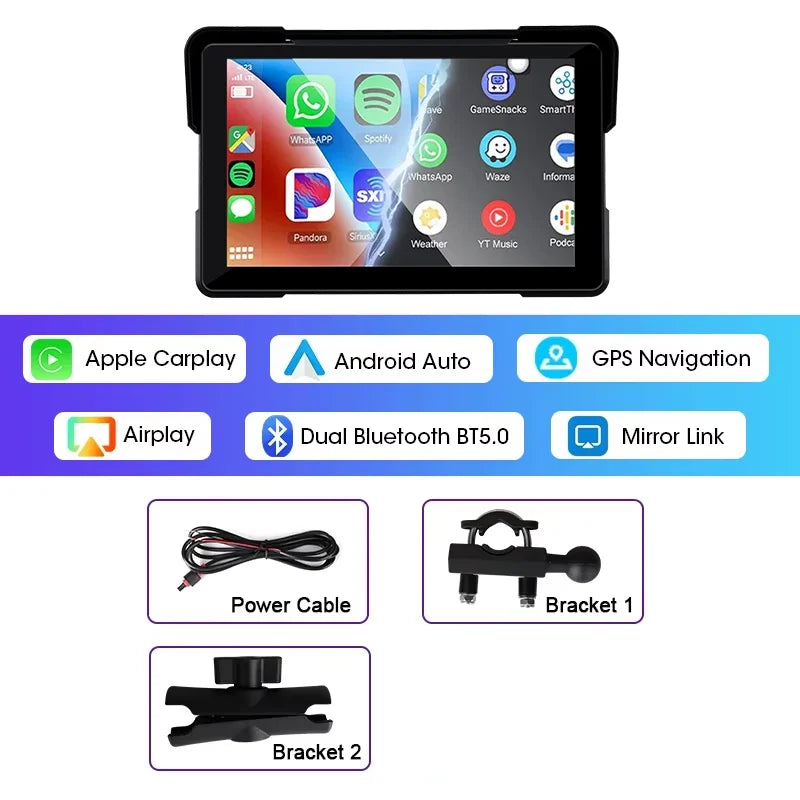 5"/7" Motorcycle CarPlay Screen – Wireless CarPlay & Android Auto, GPS Navigation, Dual Bluetooth, IPX7