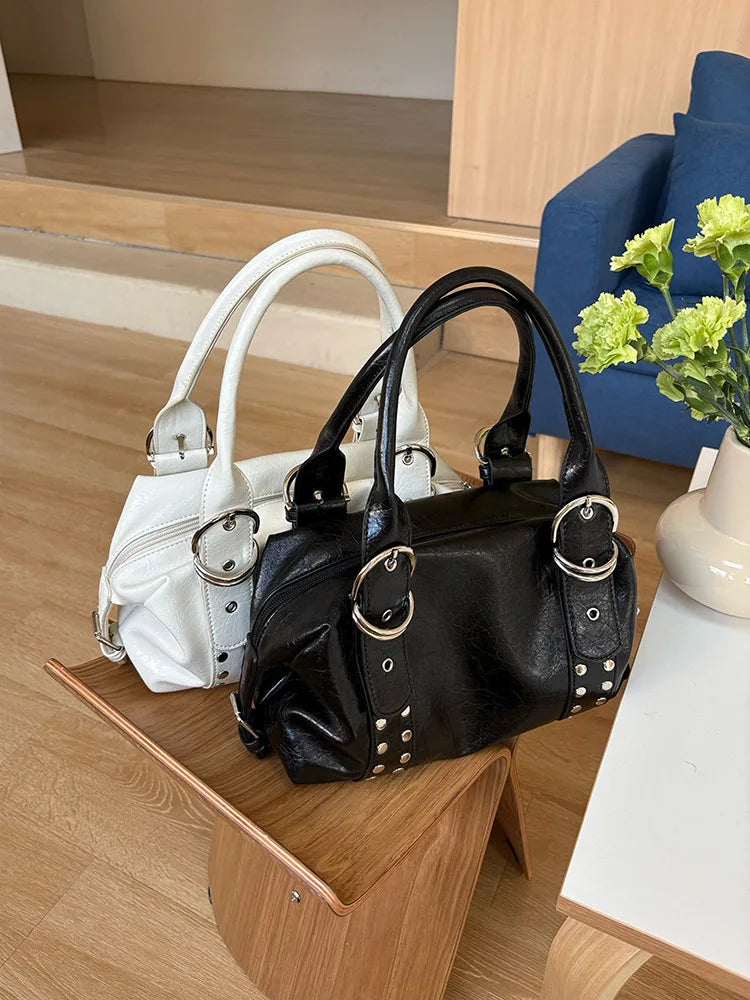 Women's Rivet PU Leather Motorcycle Shoulder Bag – Hot Girl Underarm Handbag in Black & White