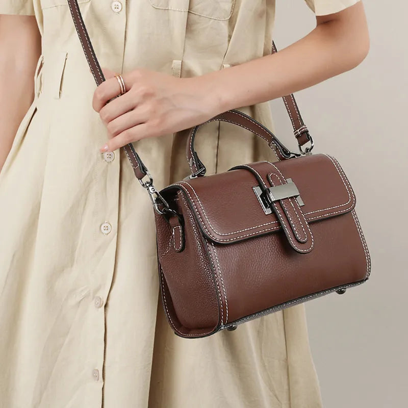 Genuine Cow Leather Square Satchel Shoulder Bag – All-Match Crossbody Messenger Handbag for Women