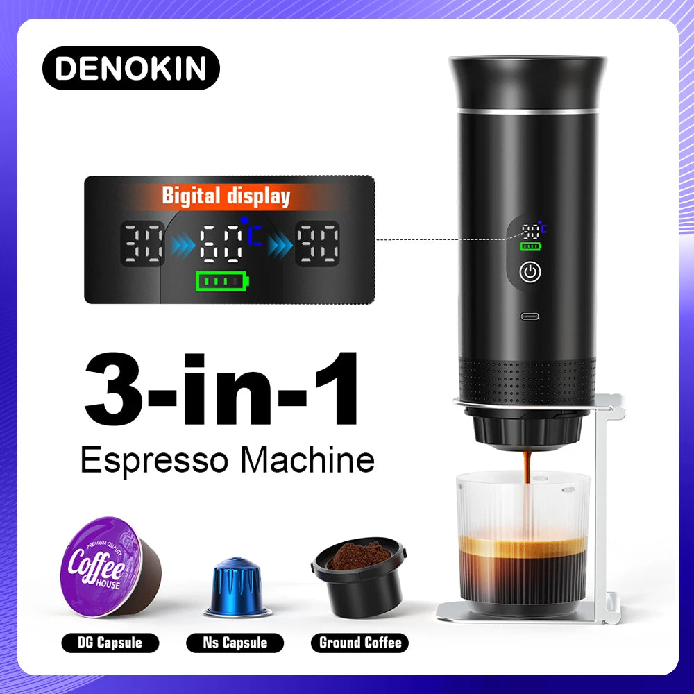 DENOKIN Portable Espresso Coffee Maker – 3-in-1 Capsule Machine with Digital Display for Car, Home & Camping