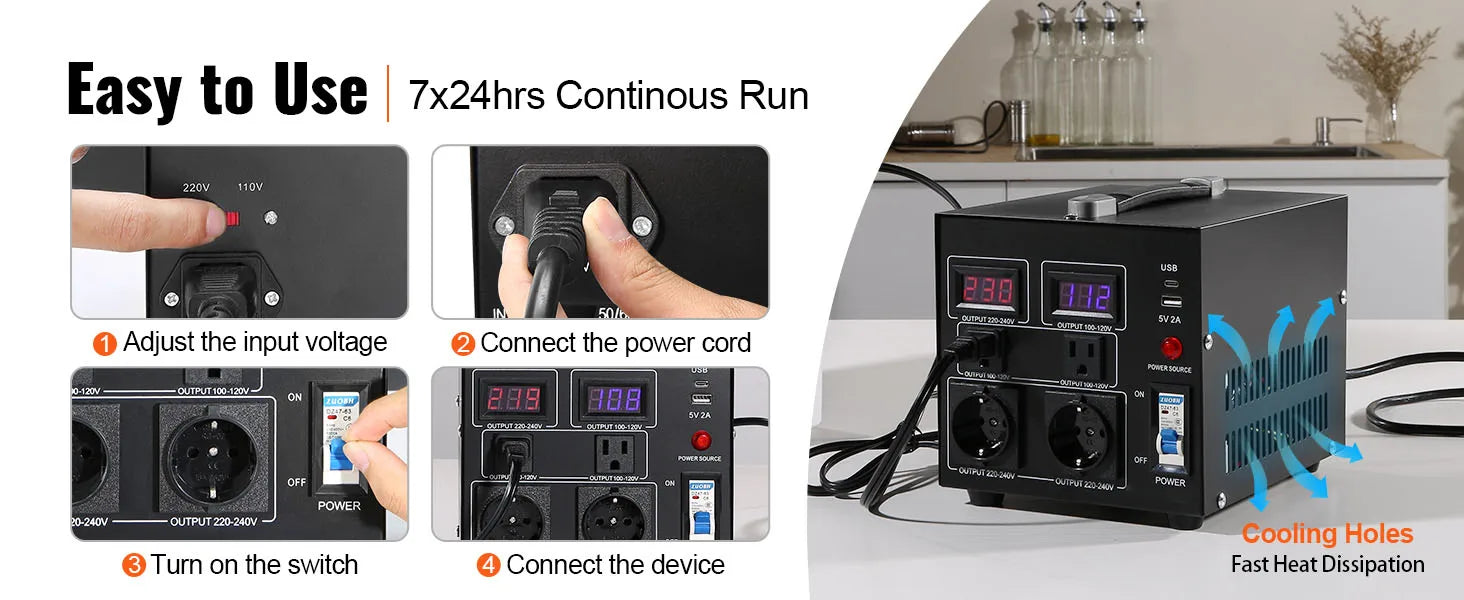 Heavy Duty Voltage Converter Transformer — 2000VA/3000VA/5000VA Step Up/Down, US & EU Outlets