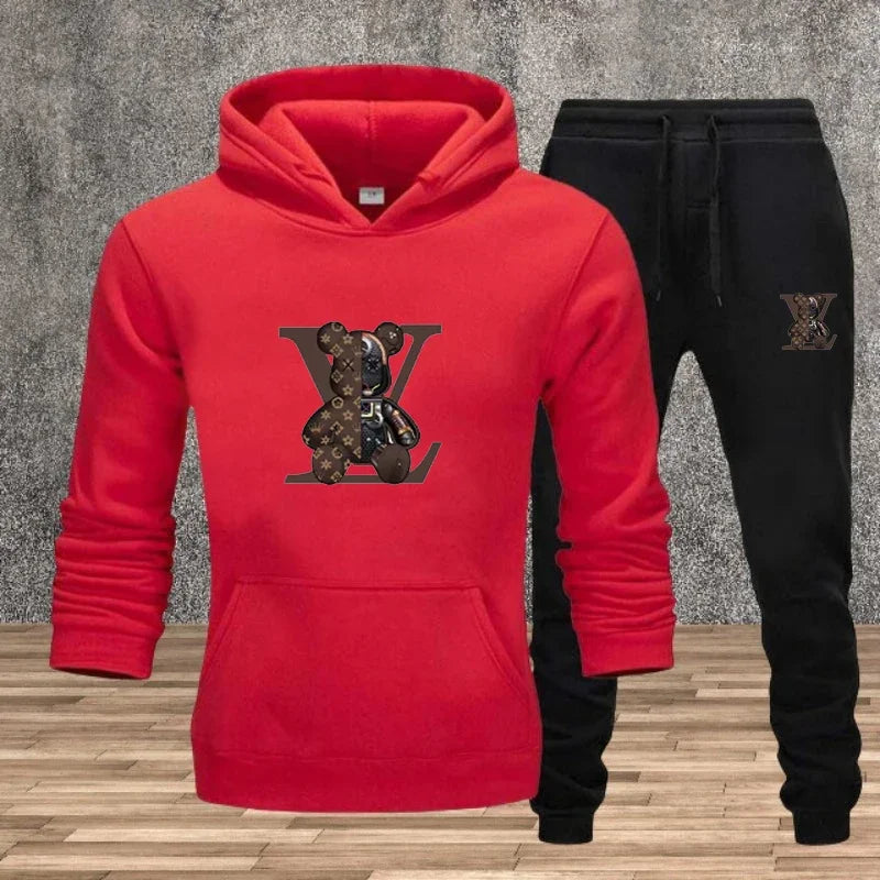 Men's Printed Hoodie Sweatshirt Set – 2-Piece Fleece Jogging Tracksuit