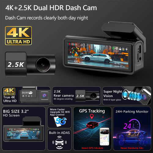 ADAS 4K+2.5K Dash Cam – GPS, WiFi, 24H Night Vision, Optional Rear Lens, Mini Car DVR
