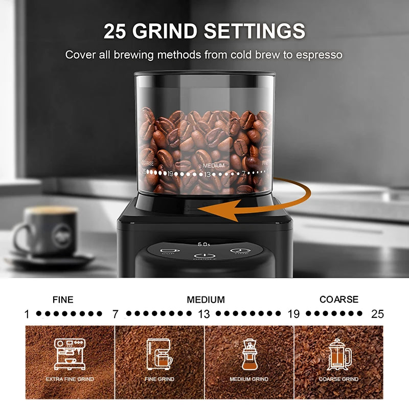 Electric Conical Burr Coffee Grinder – Touchscreen, 25 Grind Settings for Espresso, Drip & French Press