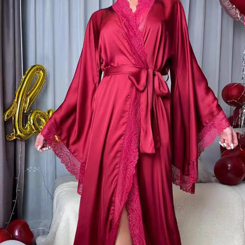 Women's Lace Patchwork Kimono Robe | Flare Sleeve Bridal Wedding Loungewear