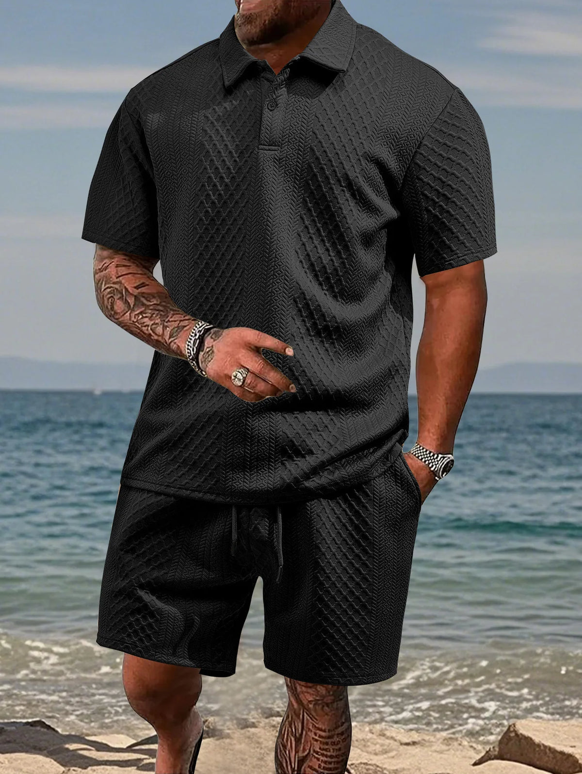 Men's Jacquard Polo Shirt & Drawstring Shorts Casual Summer 2-Piece Set