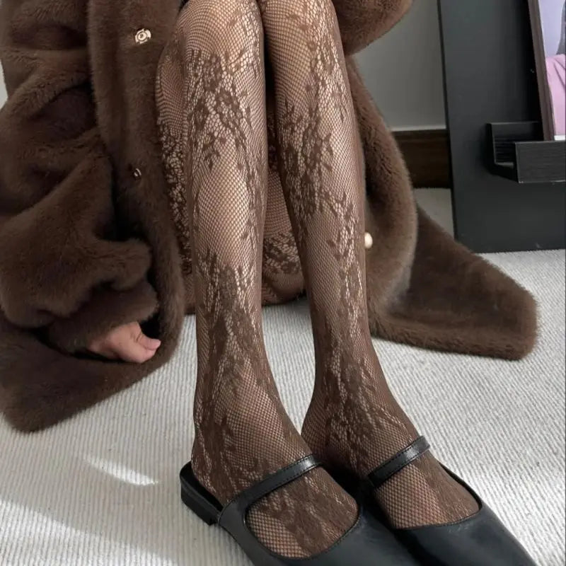 Lolita Floral Thigh-High Fishnet Stockings — Sheer Patterned Hosiery