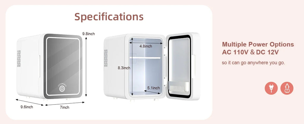 Skincare Fridge with Dimmable LED Light Mirror — 4L Makeup Mini Fridge for Bedroom & Car