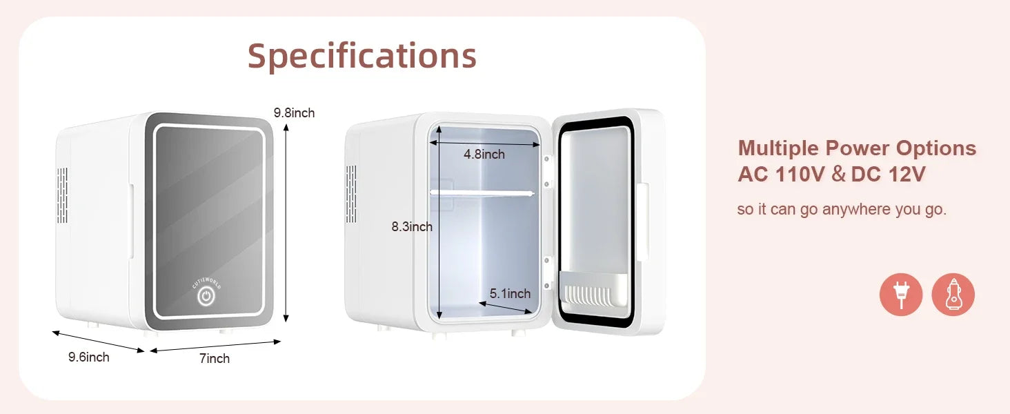 Skincare Fridge with Dimmable LED Light Mirror — 4L Makeup Mini Fridge for Bedroom & Car
