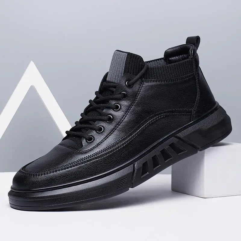 Men's Black Bonded Leather High-Top Shoes