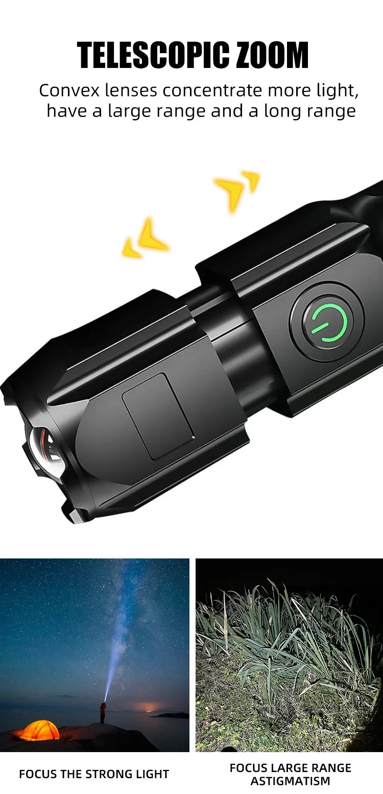 F15-T Tactical LED Flashlight – Zoomable, 4-Mode, USB Rechargeable, Waterproof Fishing Hunting Camping Torch