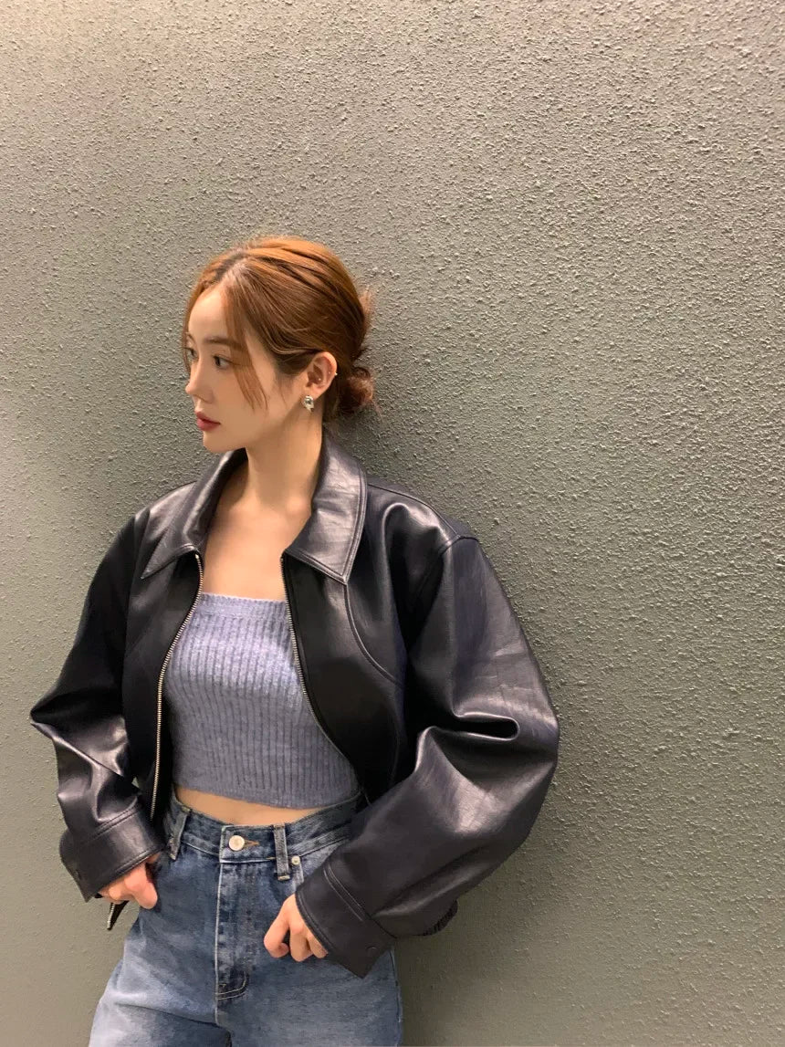 Women's Cropped Faux Leather Jacket – Lapel Zip Front
