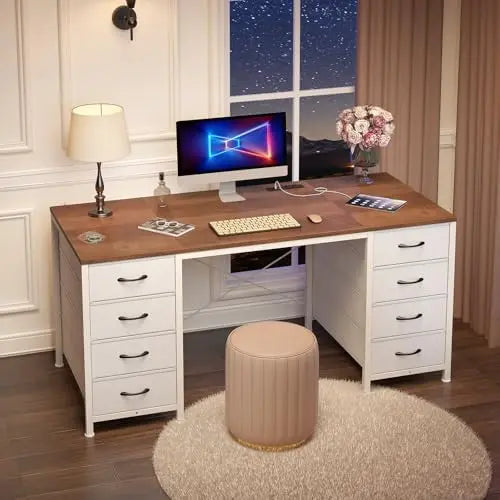 50-Inch Computer Desk with 8 Fabric Drawers & Power Outlets — L-Shape Home Office & Gaming Desk