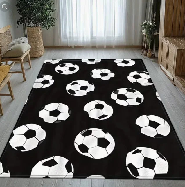 Football Print Area Rug – Black & White Sports Carpet for Bedroom, Living Room & Yoga