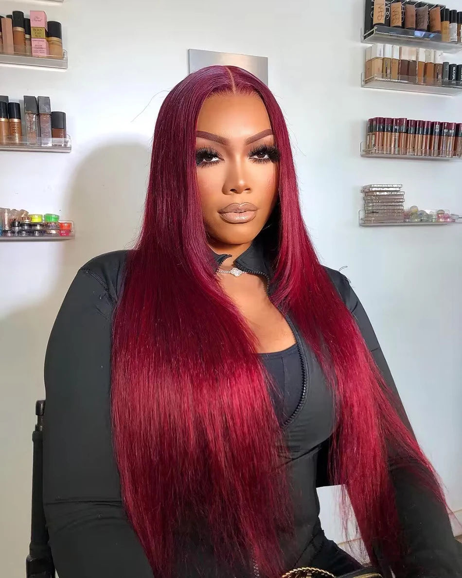 99J Red Burgundy Straight Lace Front Wig | 200% Density 13x4 13x6 HD Transparent Colored Human Hair Pre-Plucked