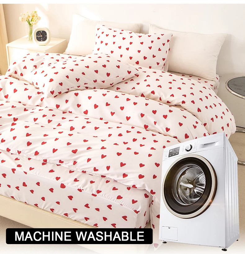 Red Heart Print Duvet Cover Set – 3-Piece Soft Skin-Friendly Bedding with Pillowcases, Twin to King