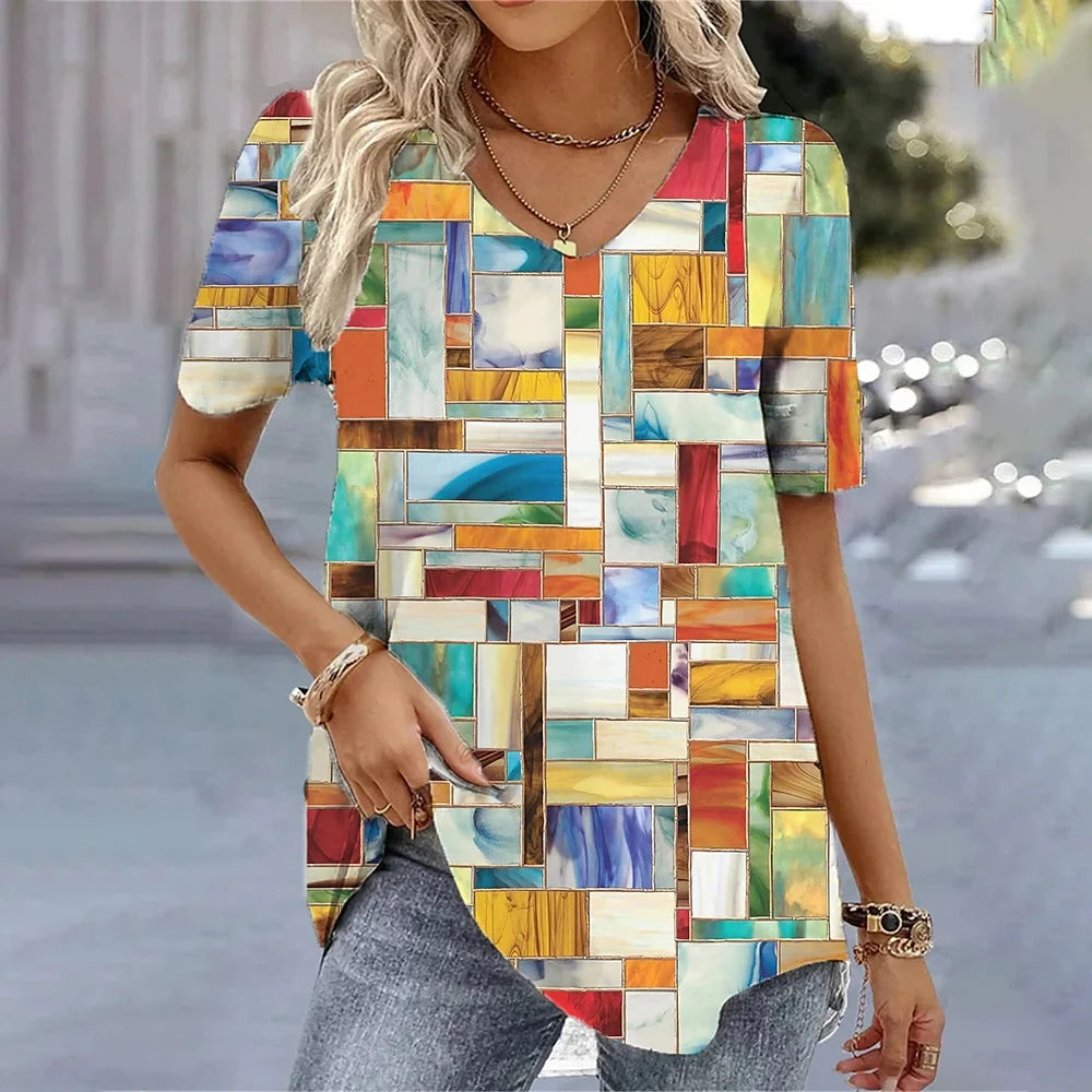 Women's 3D Flower Print V-Neck T-Shirt – Kawaii Oversized Summer Top & Blouse