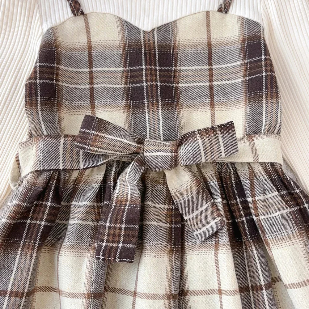 Korean Plaid Girls Casual Dress Set — Long Sleeve Shirt with Belt & Hat (3–7 Years)