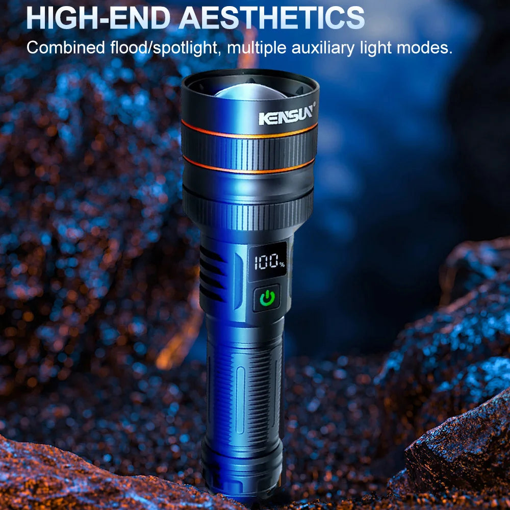 2500 Lumen Long Range LED Flashlight – IPX7 Waterproof, Type-C, 5 Modes, Power Bank Function