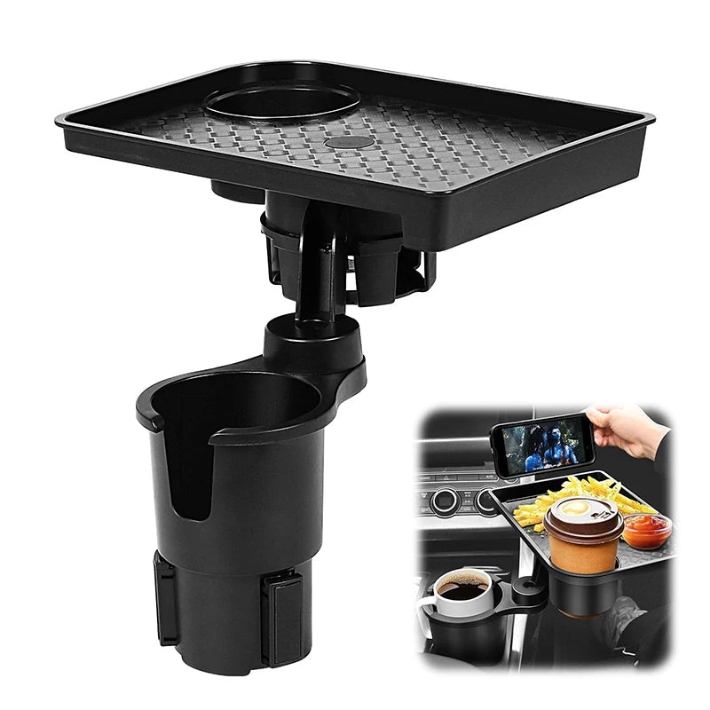 Black plastic car cup holder tray with a tray shelf and adjustable mounting arm, shown on a white background with a small inset demonstrating use in a car console.