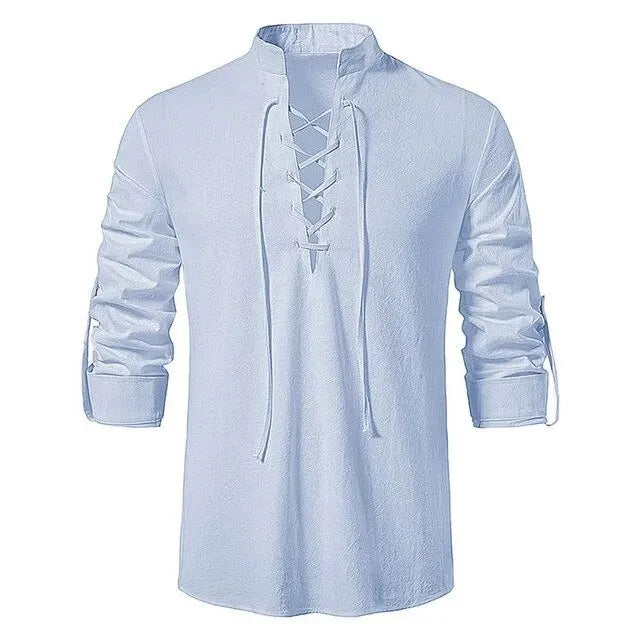 Men's Cotton Linen Drawstring Long Sleeve Shirt — Vintage Casual US Size Top