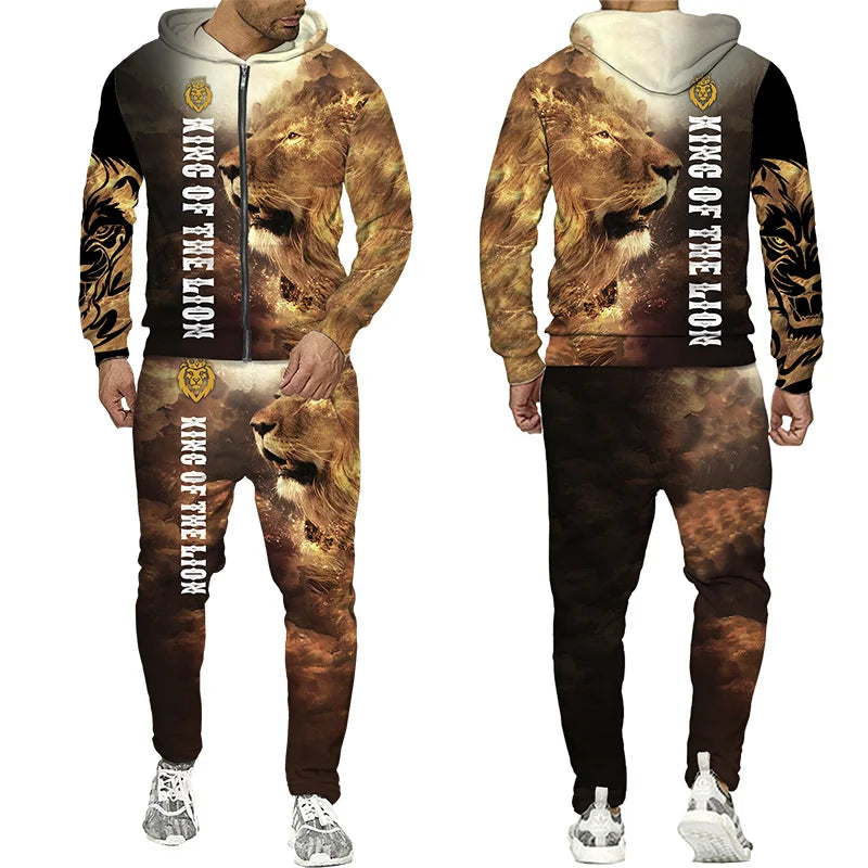 Men's 3D Lion Print Zip-Up Hoodie & Elastic Waist Pants Tracksuit Set