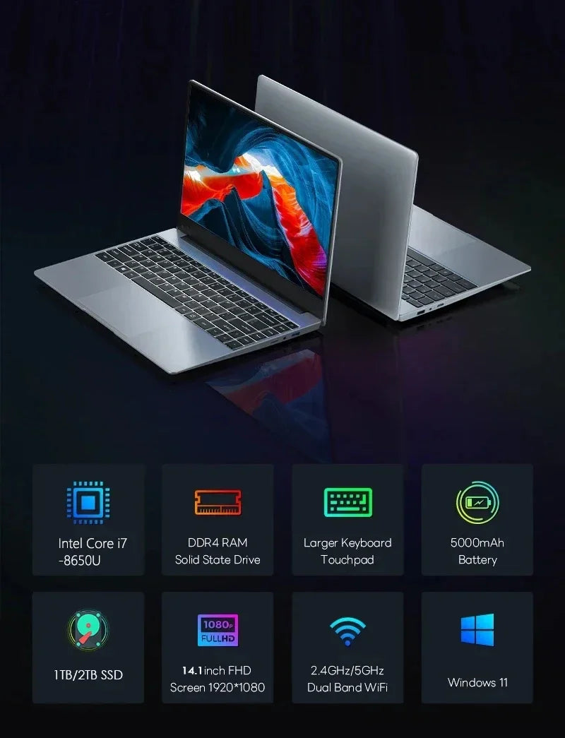 14.1" Intel i7-8650U Ultra Slim Laptop – Up to 32GB RAM, 2TB SSD, Windows 11